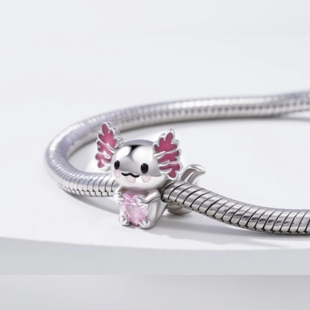 Mexican Axolotl Embraces Heart Gemstone Charm Bead 925 Sterling Silver